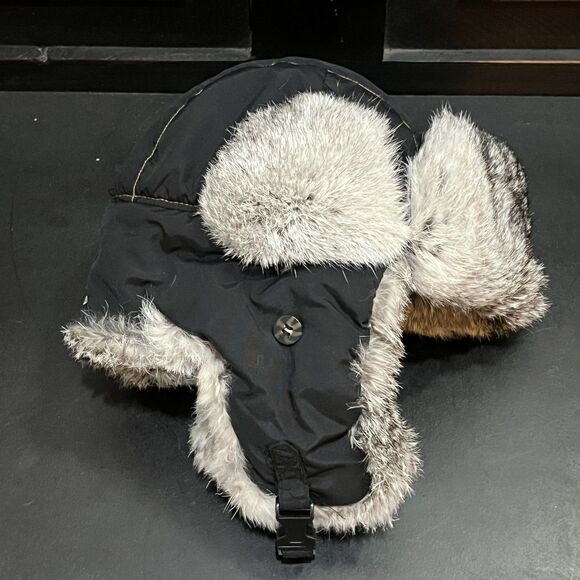 Black Supplex Bomber Trapper Hat w/100% Grey Rabbit Fur Trim 304BLK - Large - Picture 2 of 5